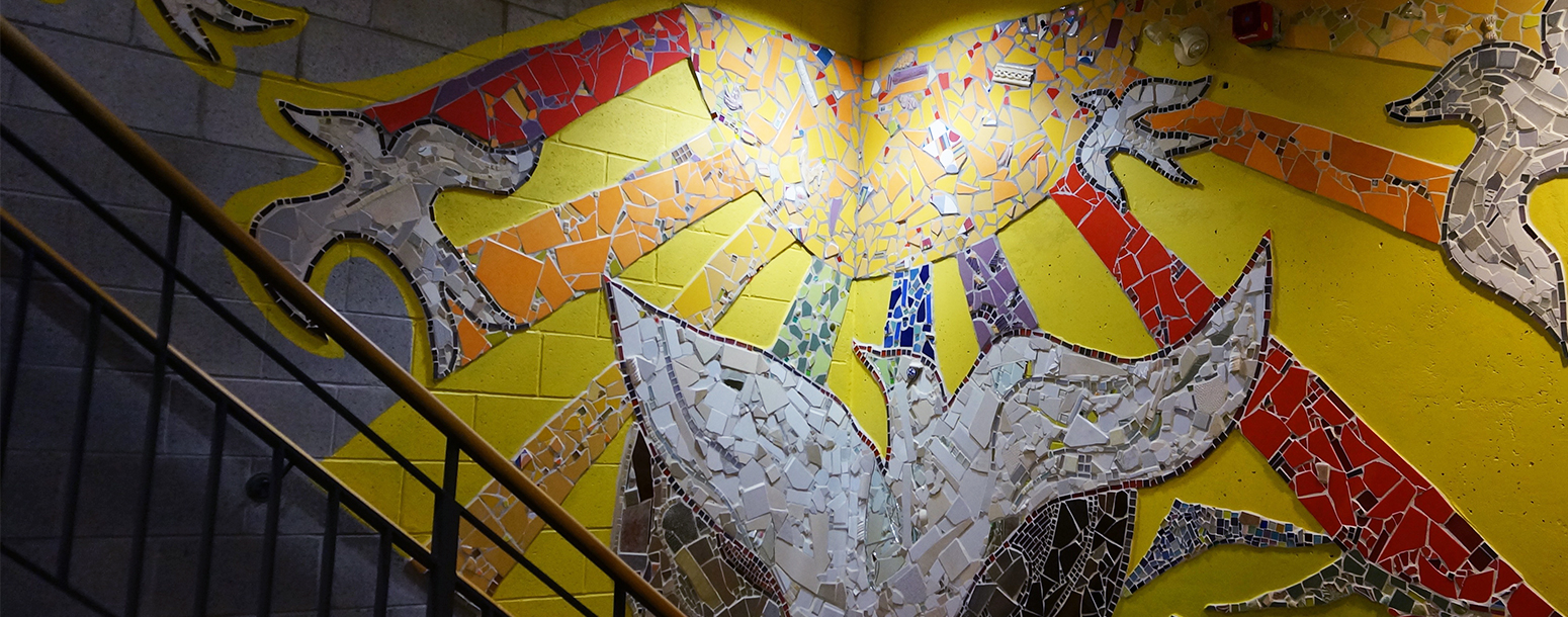 Mosaic mural along the stairwell at SRCHC