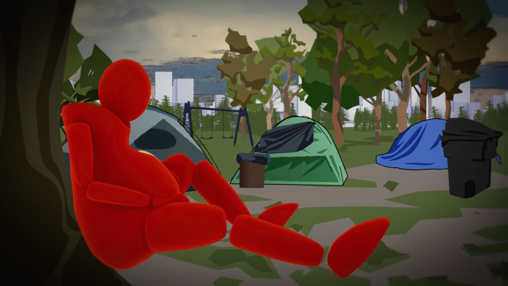 Animated pregnant character sitting against a tree at an encampment.