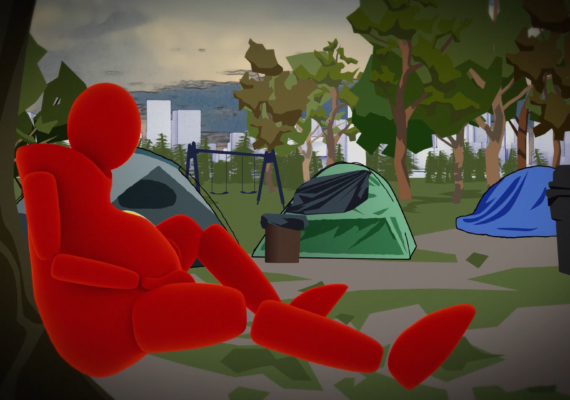 Animated pregnant character sitting against a tree at an encampment.